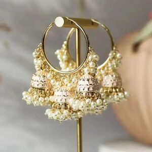 FARWAH ALI PAKISTANI INDIAN PINK GOLD BRIDAL JHUMKA EARRINGS